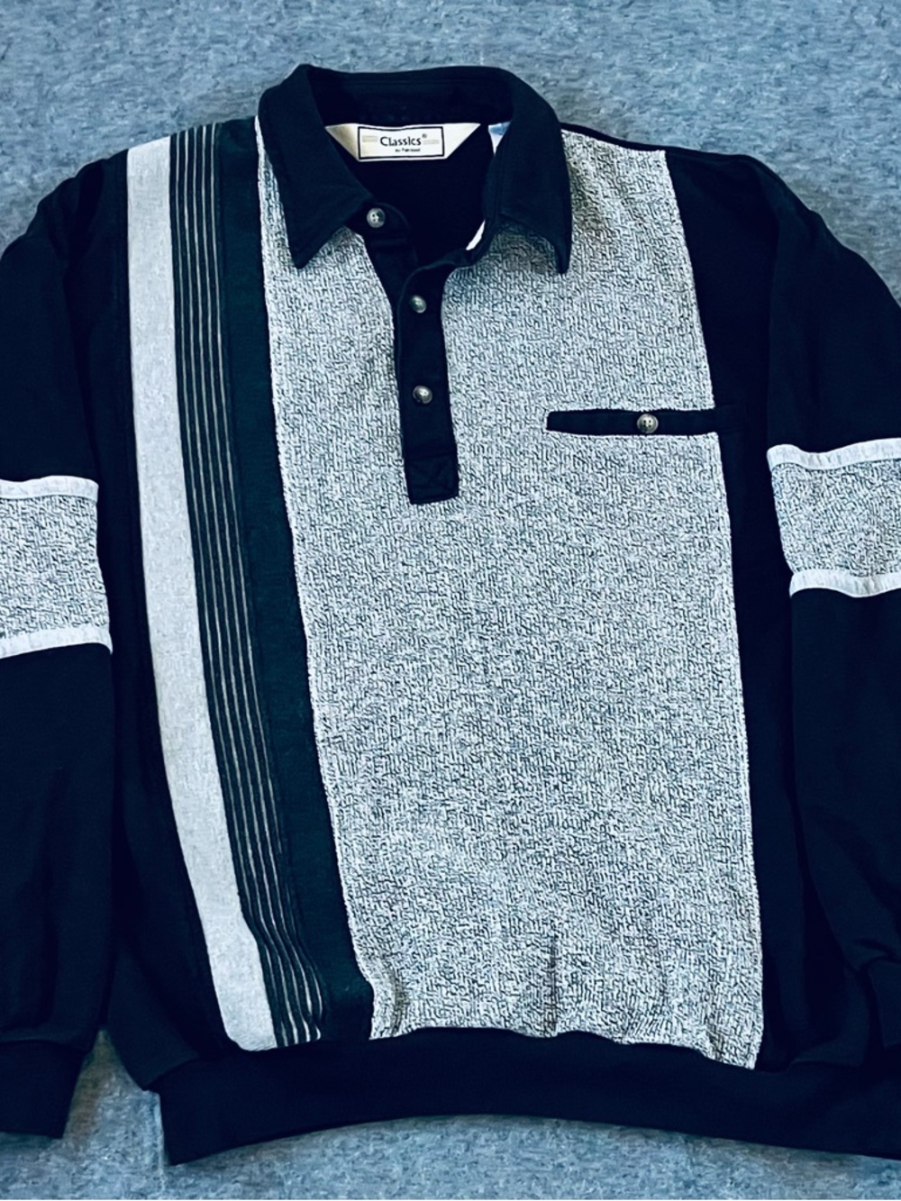 Classic Black and Gray Textured Long-Sleeve Polo